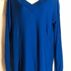 Elegant Blue Ribbed Fabric Women's Sweater V Neck, Long